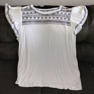 Soft white blouse with flutter sleeves navy embroidered detail 3X